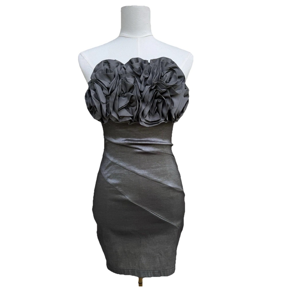 3D Floral Strapless Mini Dress Gray Rosette Bodycon Cocktail Party Dress M